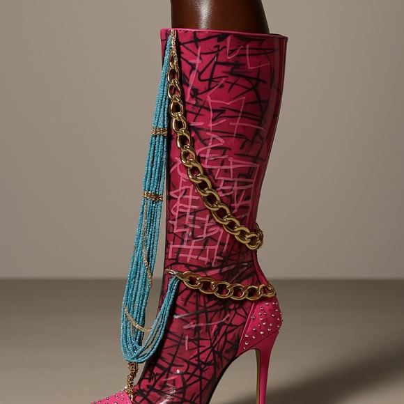 Pink and Black Graffiti Knee-High Boots with Gold Chain